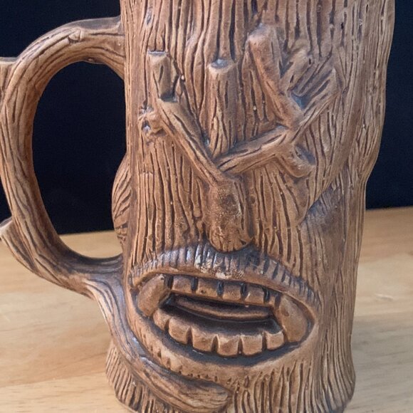 Vintage 3D brown tree trunk mug w/ open mouth & teeth, animated forest friends - Picture 2 of 10